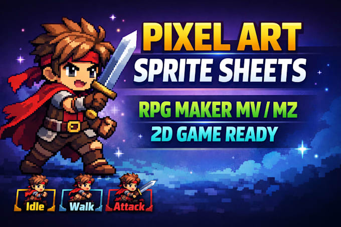 create pixel art animation sprite sheet for rpg maker 2d game character design