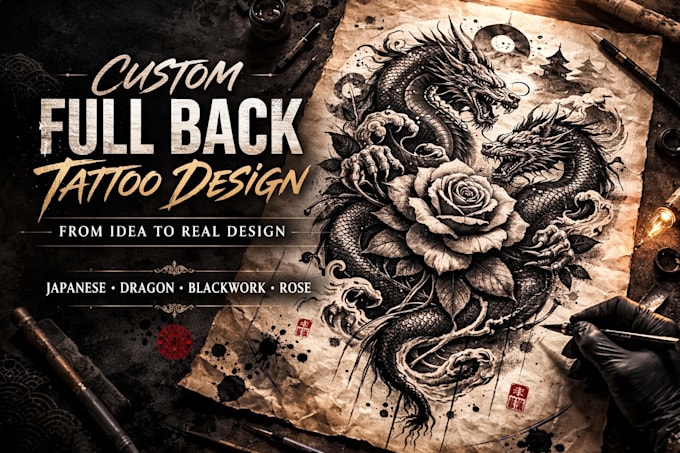 design a detailed custom full back tattoo, japanese, blackwork