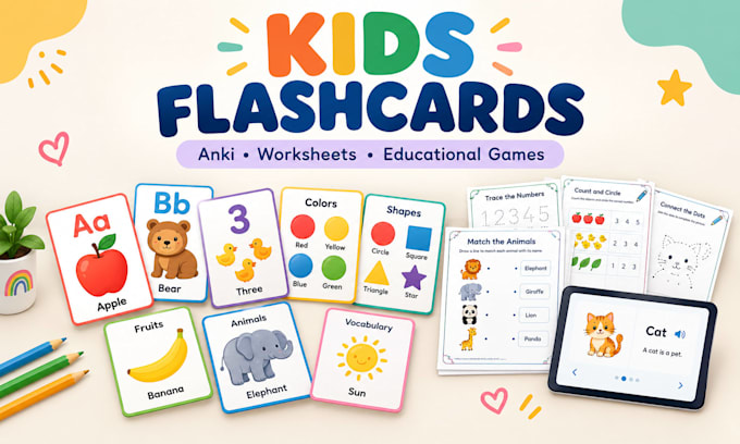 design card game, kids flashcards, anki cards, worksheets and educational games
