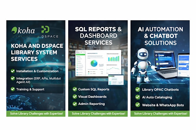setup koha with erp integration, ai chatbots, custom sql dashboards