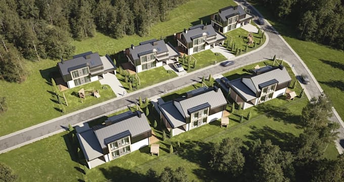 develop modern suburban area, residential complex design, 3d townhouse rendering