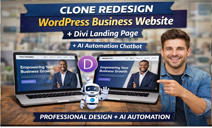 clone redesign wordpress business website divi landing page ai automation chabot