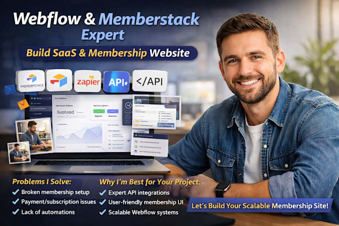 build webflow membership website with memberstack, apis, airtable, zapier, saas