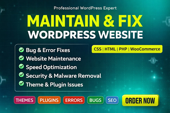 fix wordpress issues, bugs, errors and woocommerce provide website maintenance