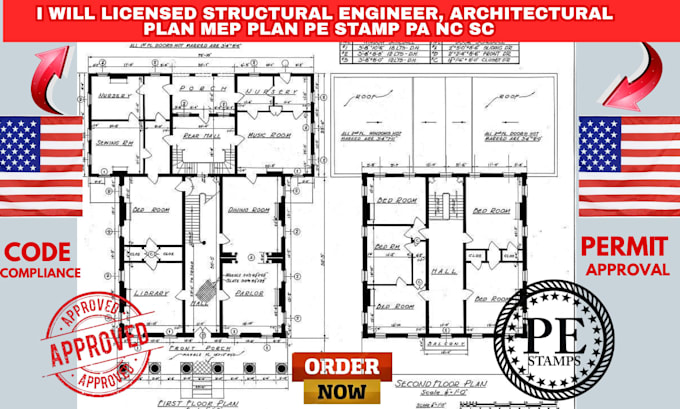 licensed structural engineer, architectural plan mep plan pe stamp pa nc sc tx