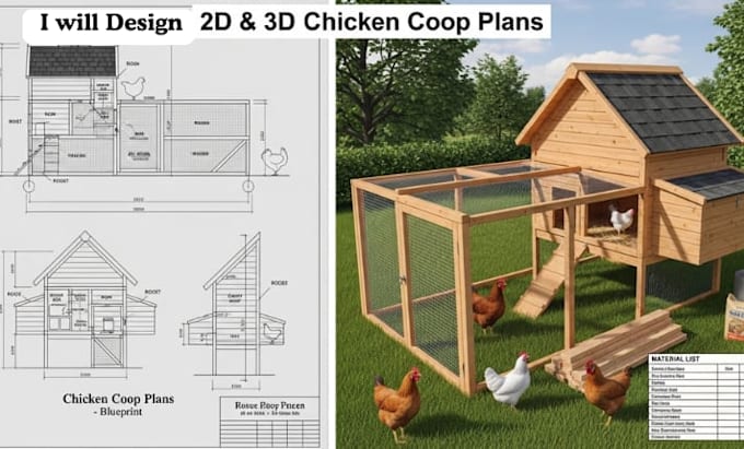design 2d 3d chicken coop plans with blueprint and material list
