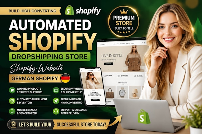 build automated shopify dropshipping store, shopify website, or german shopify