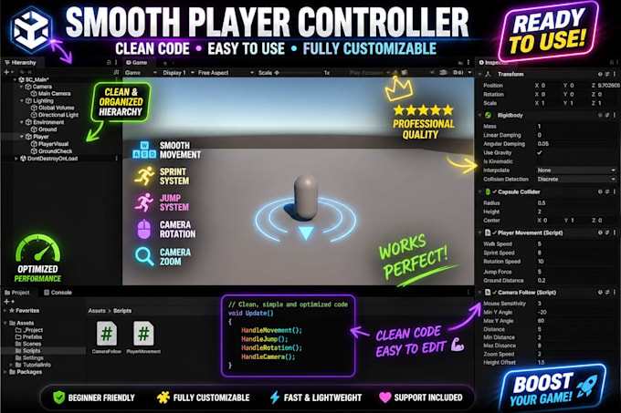 create a smooth unity player movement and camera system