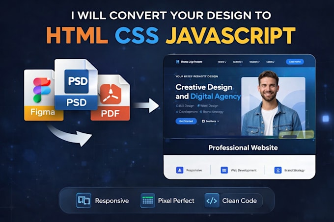 convert your design to HTML CSS javascript website