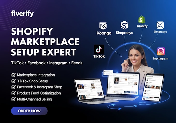 setup shopify marketplace koongo simprosys tiktok  facebook instagram website