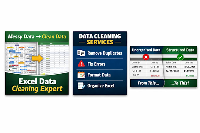 clean messy data, fix errors and prepare reports in excel