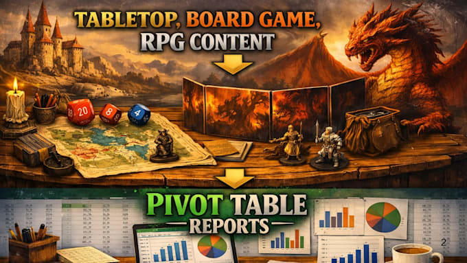 write table top, board game, rpg content and pivot table reports