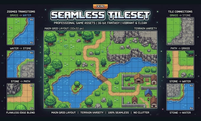 do seamless top down rpg pixel art tileset for game environment, godot tilemap