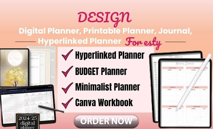 design digital planner, printable planner, journal, hyperlinked planner for etsy
