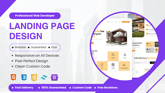 design a responsive landing page using HTML, CSS, tailwindcss, and javascript