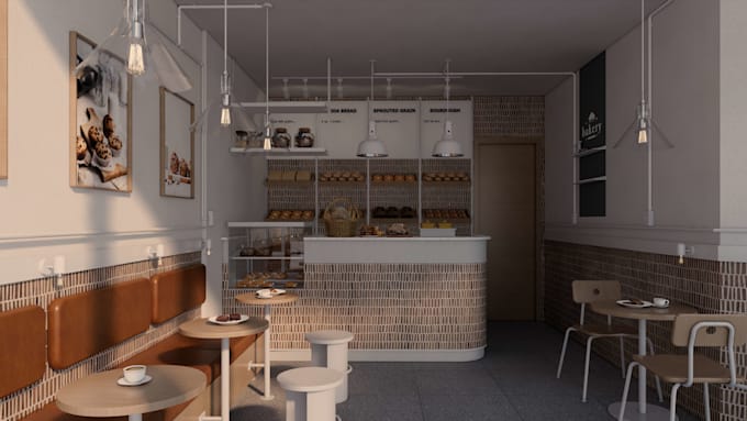 design restaurant, cafe, coffee shop interior with realistic 3d rendering