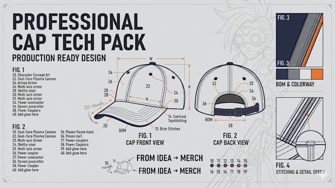create a professional cap tech pack for production and manufacturing