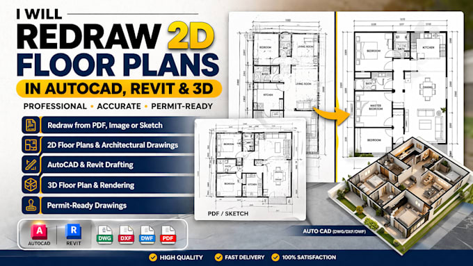 Redraw 2d floor plans architectural drawings in autocad revit and 3d by ...