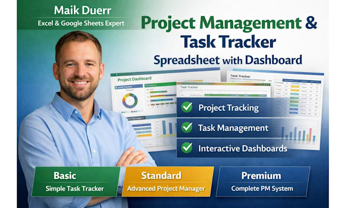 create project management, task tracker spreadsheet with dashboards