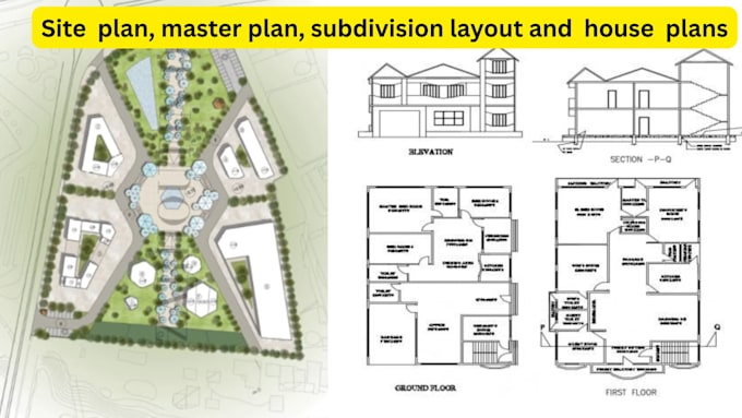 2d site, master plan subdivision layout real estate house floor plans, elevation