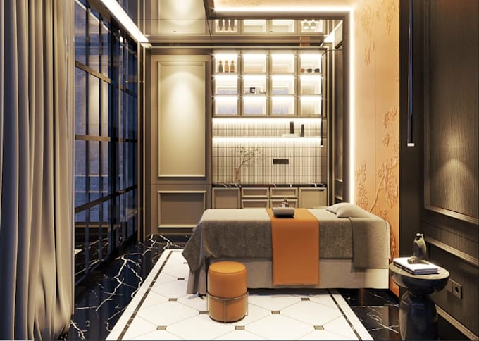 redesign tiny spa villa house, interior architect model, show room layout render