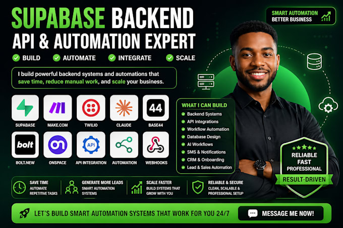 do supabase backend make com twilio claude base44 bolt onspace api automation