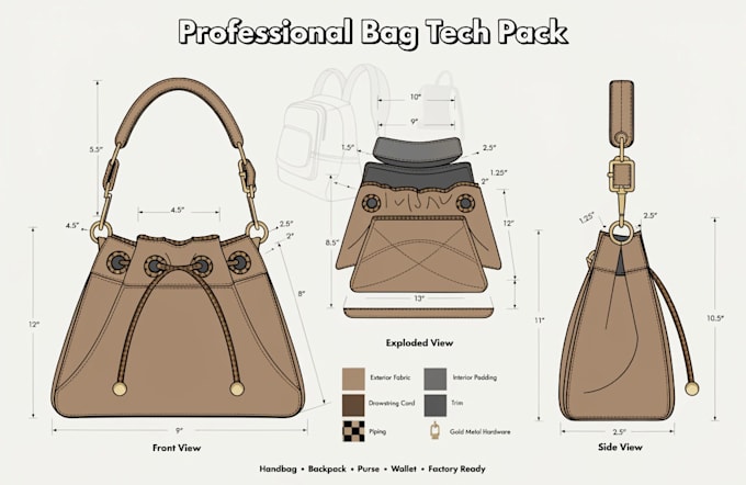 design complete tech pack for backpack, handbag, purse, wallet, suitcase