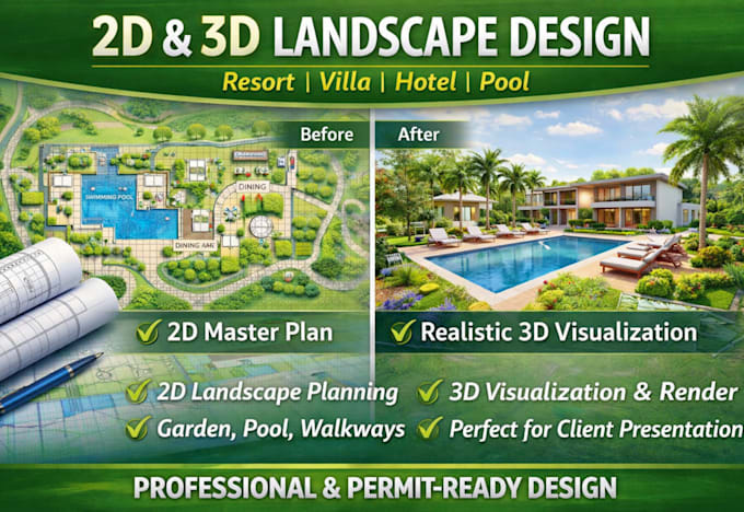 do 2d landscape master plan and 3d render for resort, pool, spa, villa or hotel