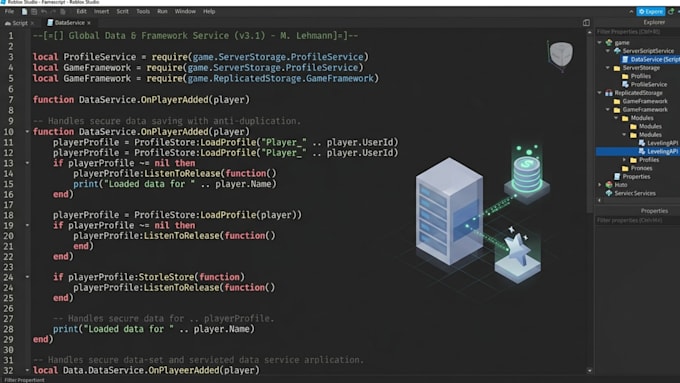 script a professional roblox data service, player framework, and luau API