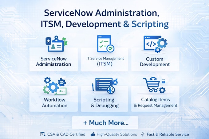 provide complete servicenow solutions itsm,admin,scripting,development,workflows