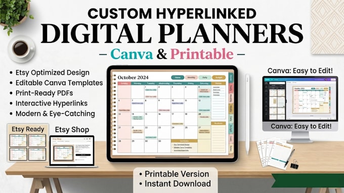 design hyperlinked digital planner for etsy editable canva printable planner