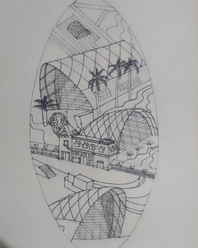 do architecture sketch of interior and exterior building