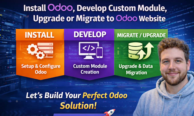 install odoo, develop custom module, upgrade or migrate to odoo website