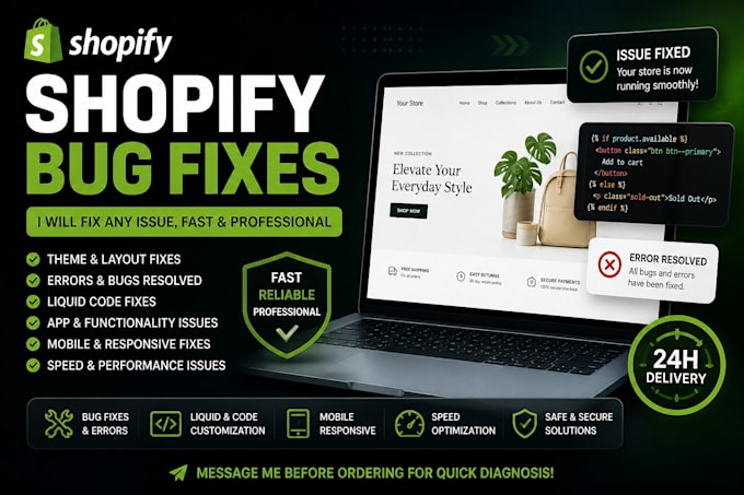 do shopify custom coding, bug fixing, shopify developer, shopify designing