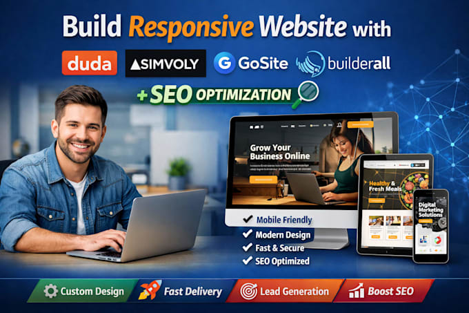 build responsive website via duda simvoly gosite builderall with seo and mobile