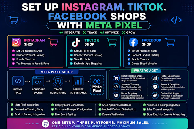 set up instagram, tiktok, facebook shops with meta pixel