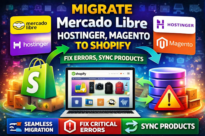 migrate mercado libre, hostinger, magento to shopify, fix errors, sync products
