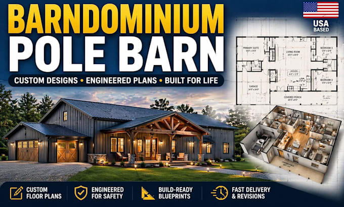 draw barndominium pole barn house plans floor plan home 3d rendering blueprint