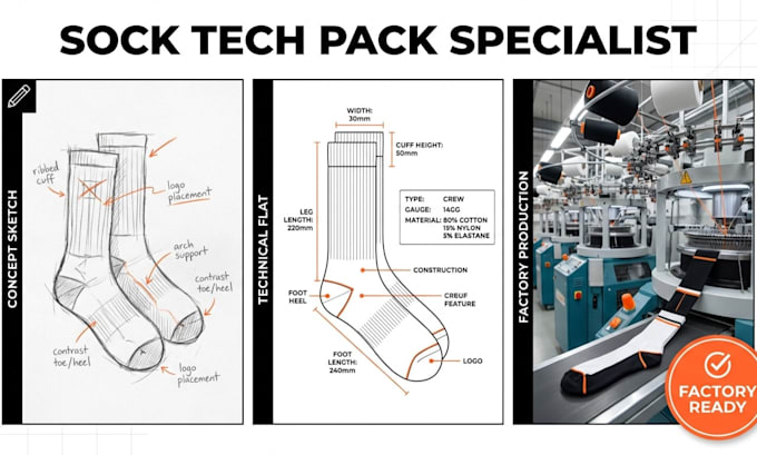 create factory ready sock tech pack, seamless garment and technical flat design