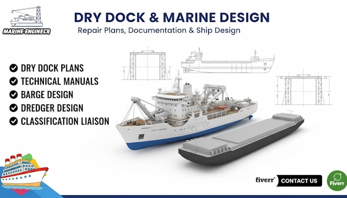 dry dock repair plans and technical documentation, barge and dredger ship design