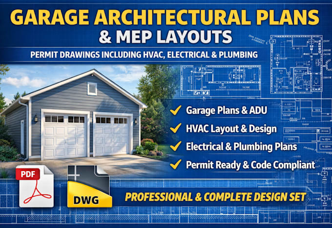 draw garage architectural plans, permit drawings, adu conversion and mep layouts