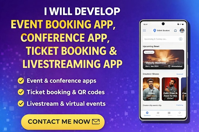 develop event booking app, conference app, ticket booking app, livestreaming app