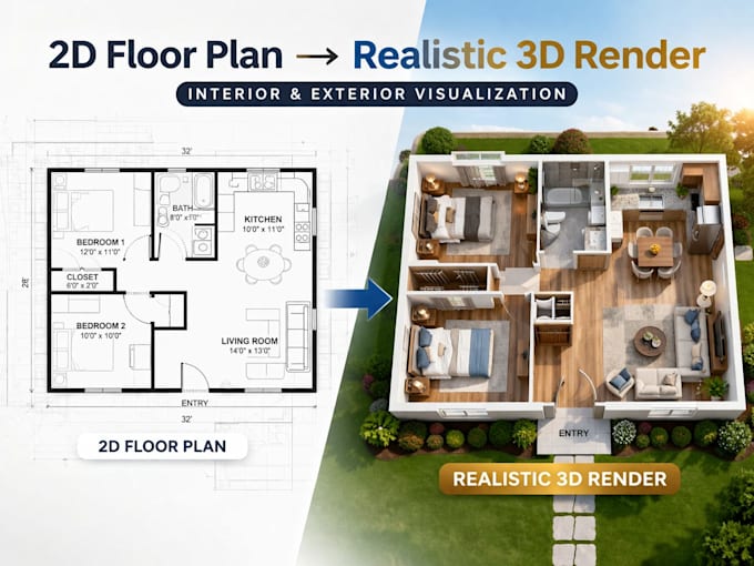 Convert 2d floor plan to realistic 3d render by Sumay_yah863 | Fiverr