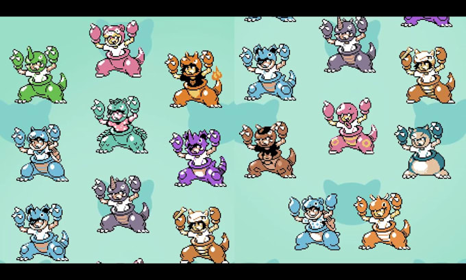 create pixel art pokemon, pokemon trainer sprite sheet, fakemon sprite sheet