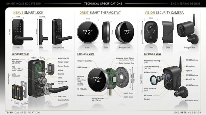 design 3d smart lock, thermostat, camera and iot consumer electronic prototype