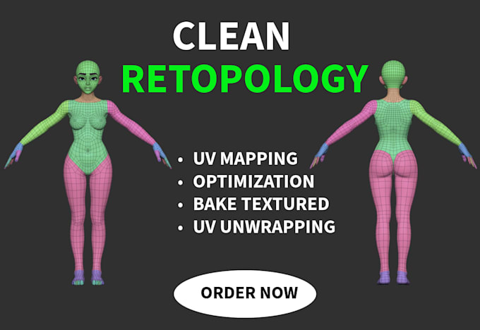 do clean retopology for 3d model and character with uv mapping and bake texture