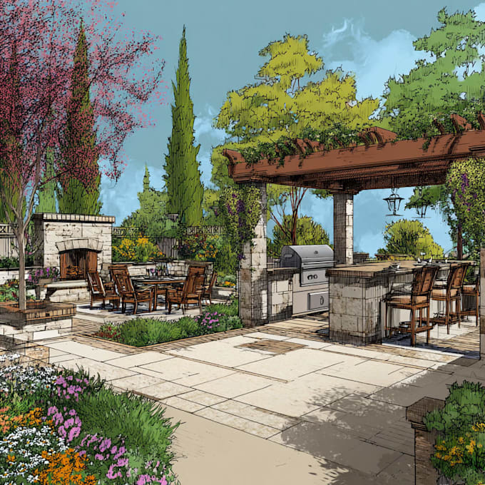 do backyard landscape design, patio, pool, and garden