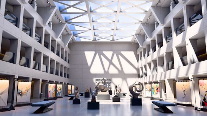 do 3d cgi unreal engine design for art museum, art gallery space with d5 render