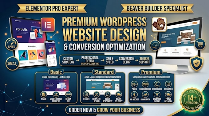 design responsive wordpress website with beaver builder or elementor pro