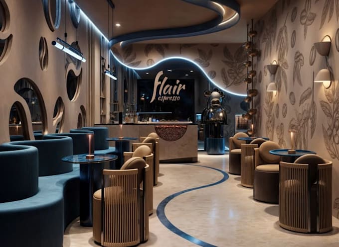 innovative 3d coffee shop,cafe layout,open bar,interior design,counters,3ds max